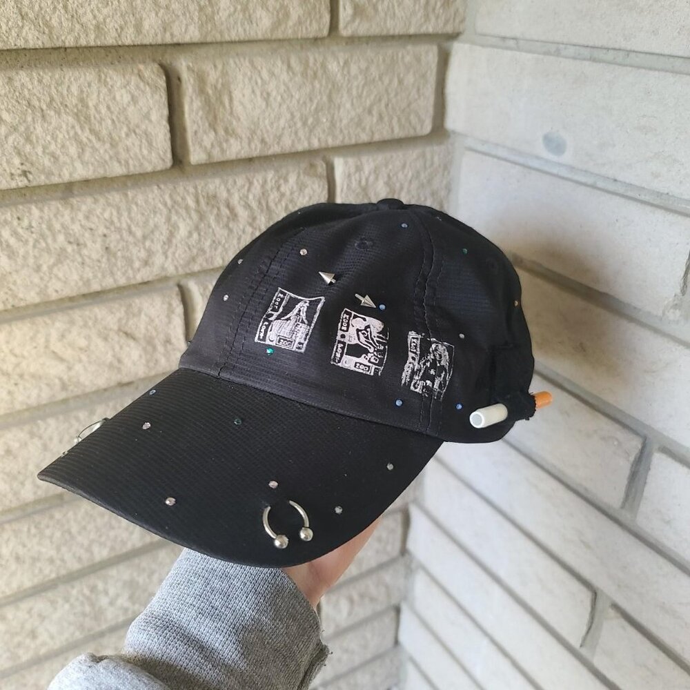 Custom "5moker's Cap 2.0" rhinestone/pierced black strapback dad cap